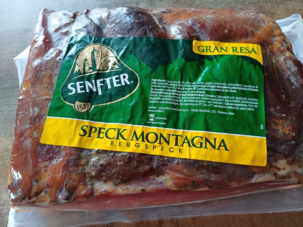 SPECK ALPE -  Senfter (jambon cru fumé, 6 mois d'affinage) prix au kg 26,50€ (ex : 2,65€ les 100gr)